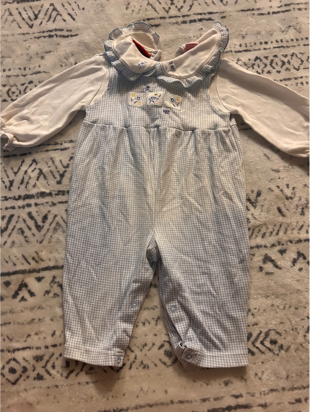 Mypal Baby Girl Blue and White Gingham One-Piece Outfit with Floral Embroidery